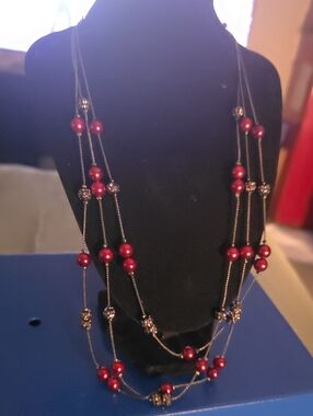 Long Multi-Strand Red Pearl Necklace